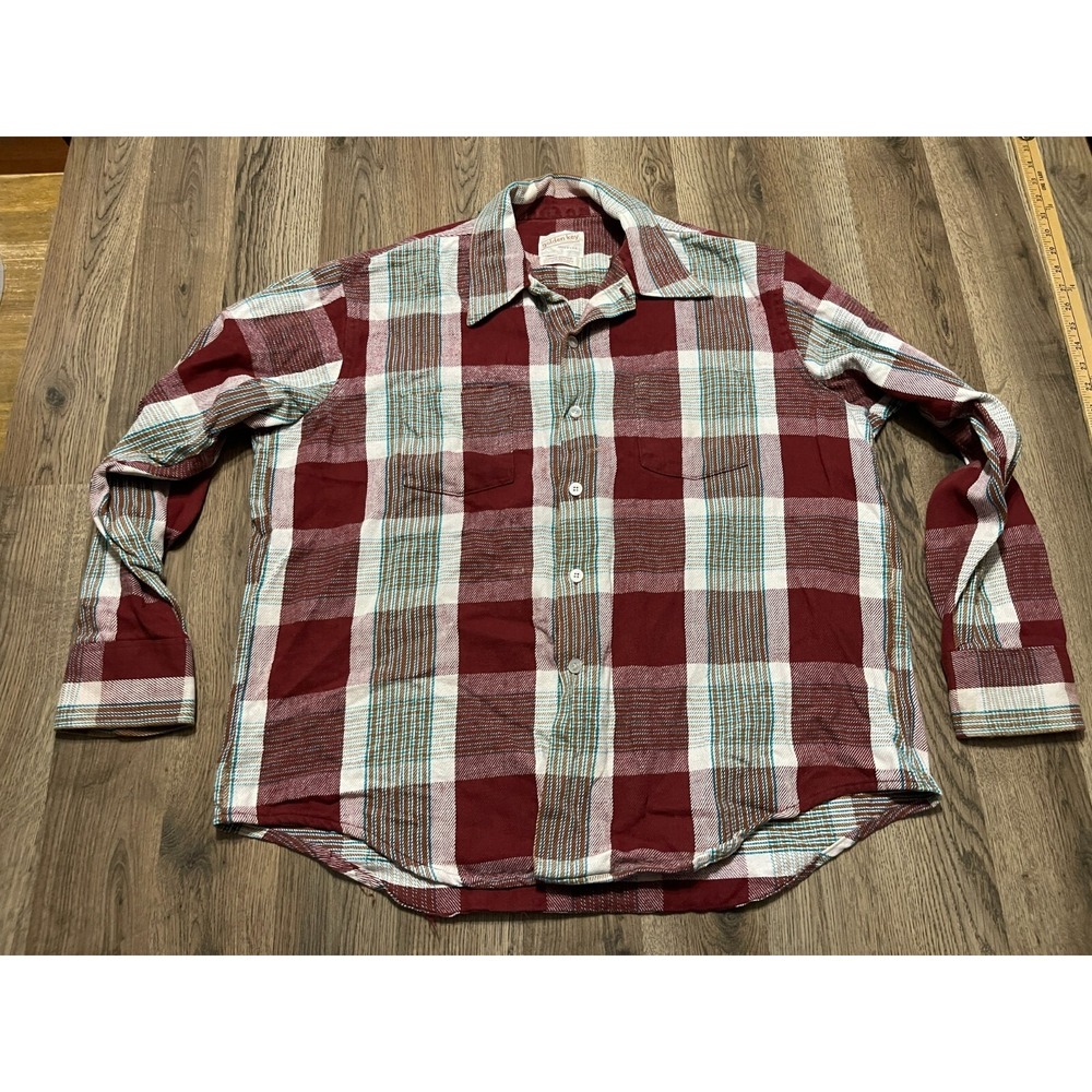 Vntg Golden Key Shirt, Men's Size XL, 17-17.5, White Red Brown, Plaid, Button Up